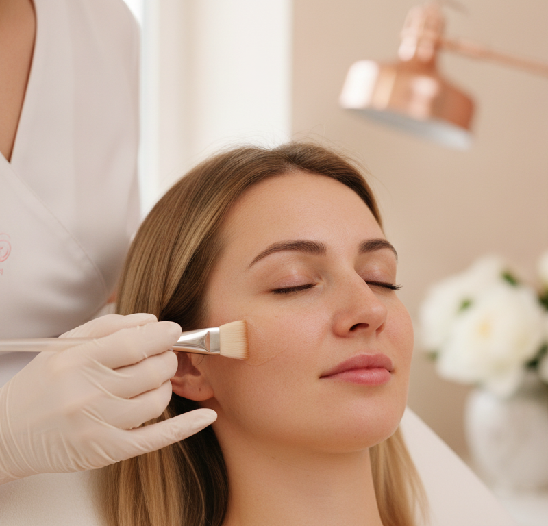 Kosmetolożka nakładająca peeling z kwasem azelainowym na twarz klientki – zabieg Azelac Peel w salonie PARENDI Kraków
