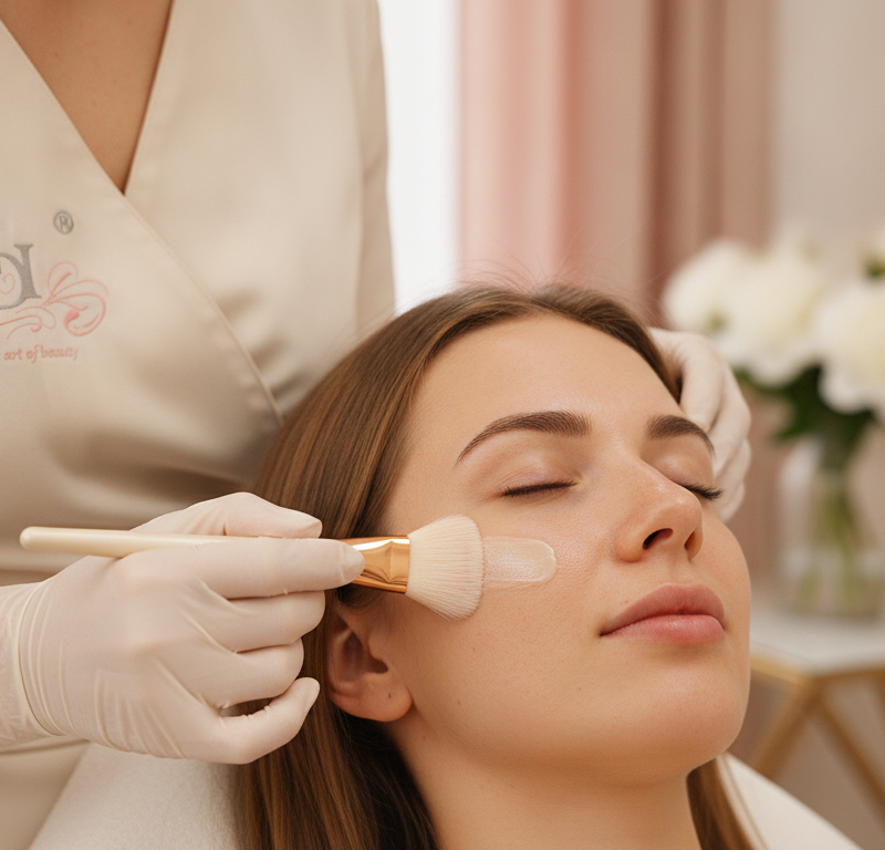 Zabieg bio peeling Neoderma w gabinecie kosmetologicznym PARENDI Kraków – aplikacja peelingiem na twarz klientki