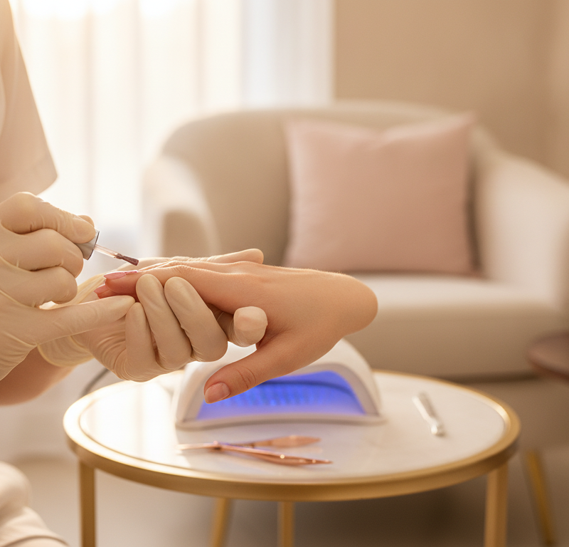 Manicure hybrydowy CND Shellac – aplikacja lakieru na paznokcie w salonie Parendi Kraków