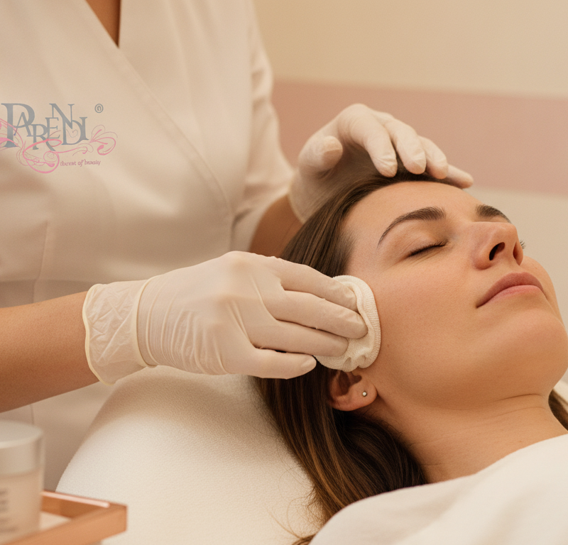 Oczyszczający zabieg twarzy Purete Cleansing Thalgo w salonie Parendi w Krakowie – zbliżenie na twarz klientki podczas oczyszczania porów