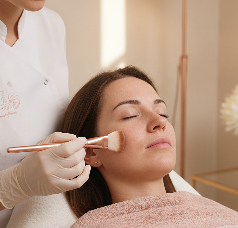 Kosmetyczka nakłada peeling antytrądzikowy Salipeel LIC na twarz klientki w salonie PARENDI Kraków
